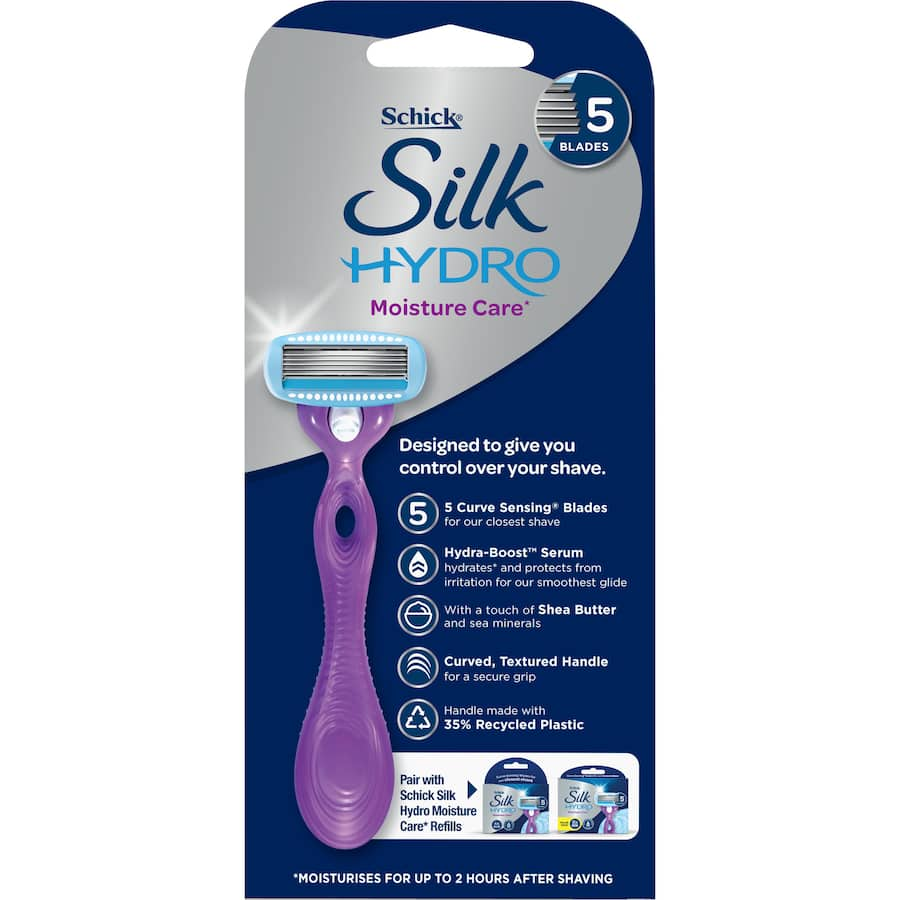 Schick Hydro Silk Razors Kit with five blades, hydrates skin for a smooth, close shave and nourishes for lasting moisture.