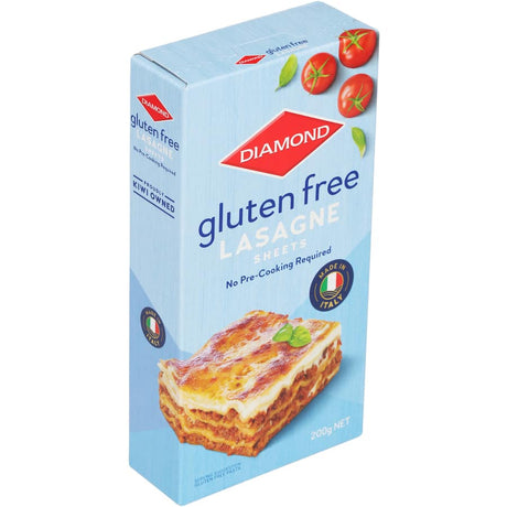 Gluten-free lasagne sheets made in Italy from maize and rice flour, requiring no pre-cooking; pack includes at least 10 sheets.