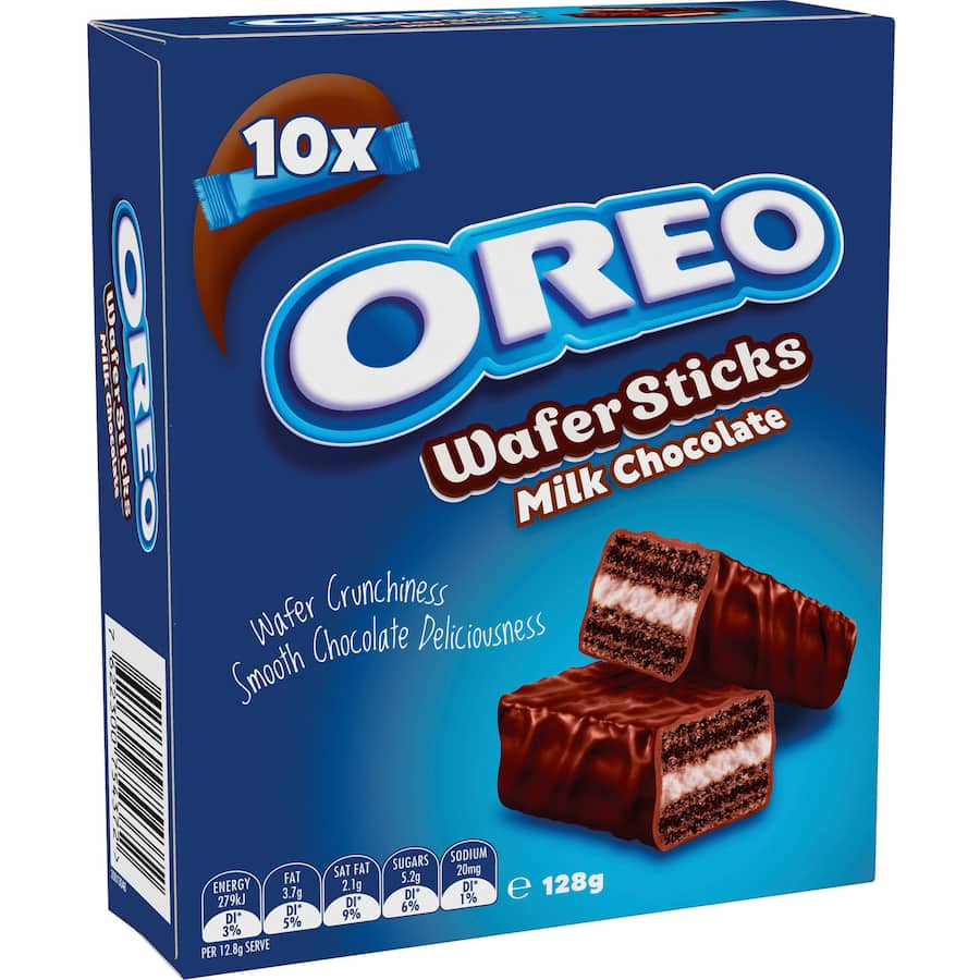 Chocolate-coated wafer sticks filled with creamy vanilla, combining classic Oreo flavor in a decadent snack.