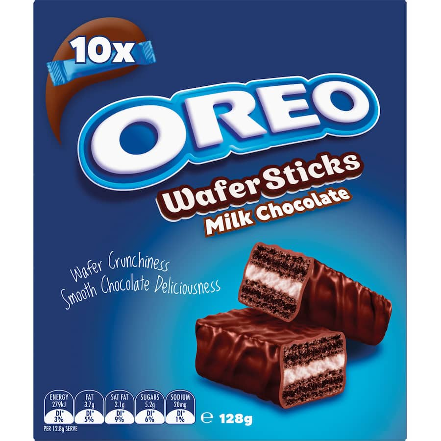 Oreo wafer sticks filled with creamy vanilla and coated in rich milk chocolate, ideal for snacking or sharing.