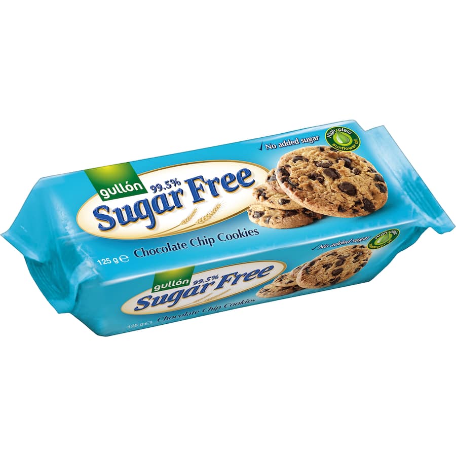 Gullon Sugar Free Chocolate Chip Biscuits, deliciously crisp cookies with rich chocolate flavor, perfect for guilt-free snacking.