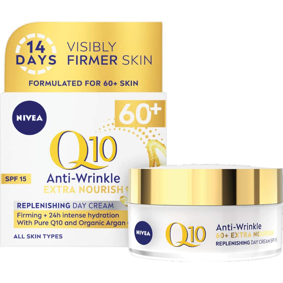 NIVEA Q10 Day Cream for mature skin, enriched with Q10 and Argan Oil, hydrates, reduces wrinkles, and provides SPF 15 protection.