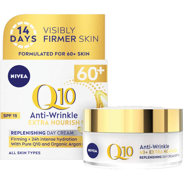 NIVEA Q10 Day Cream for mature skin, enriched with Q10 and Argan Oil, hydrates, reduces wrinkles, and provides SPF 15 protection.