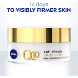 Nivea Q10 Day Cream for mature skin, enriched with Q10 and Argan Oil, offers hydration and anti-aging benefits with SPF 15.