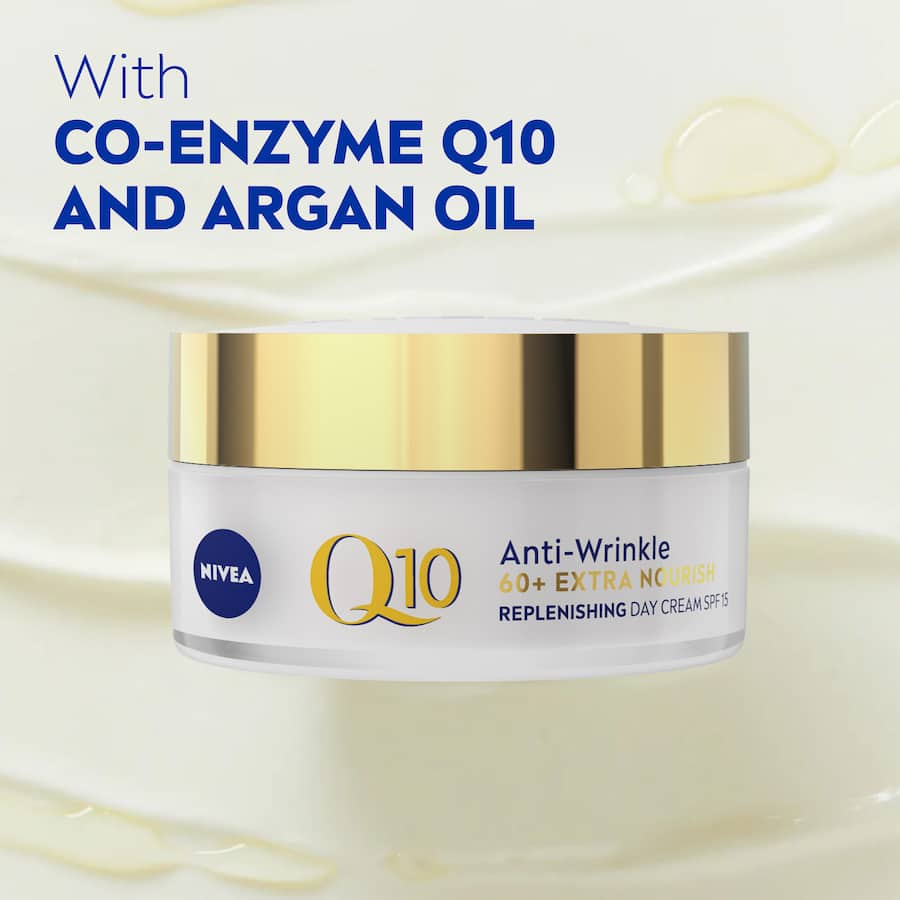 Nivea Q10 Day Cream for mature skin with Q10 and Argan Oil, targeting wrinkles and providing 24-hour hydration and SPF 15 protection.