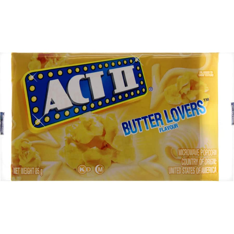 Act II Microwave Popcorn Butter Lovers bag featuring fluffy kernels and rich buttery flavor for a delicious snacking experience.