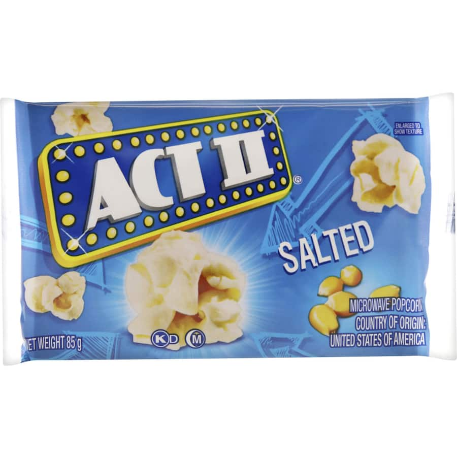 A bag of Act II Microwave Popcorn Salted, featuring rich buttery flavor, ideal for movie nights and gatherings.