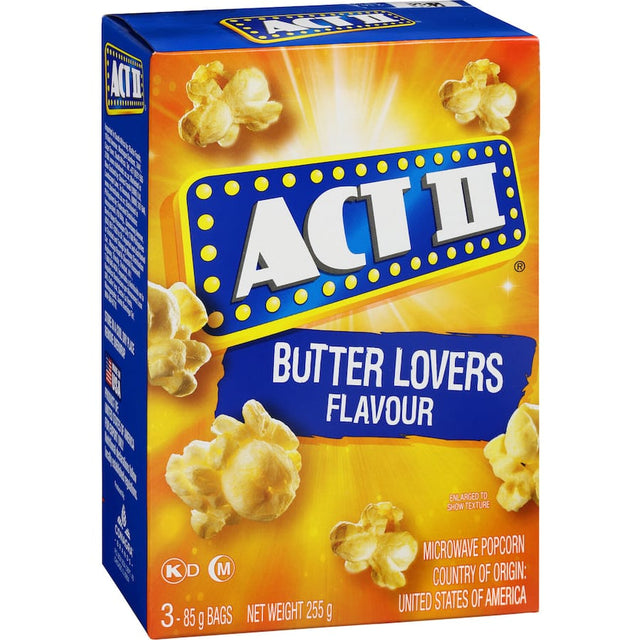 Act II Microwave Popcorn Butter Lovers 255g bag, featuring rich buttery flavor perfect for movie nights and snack cravings.