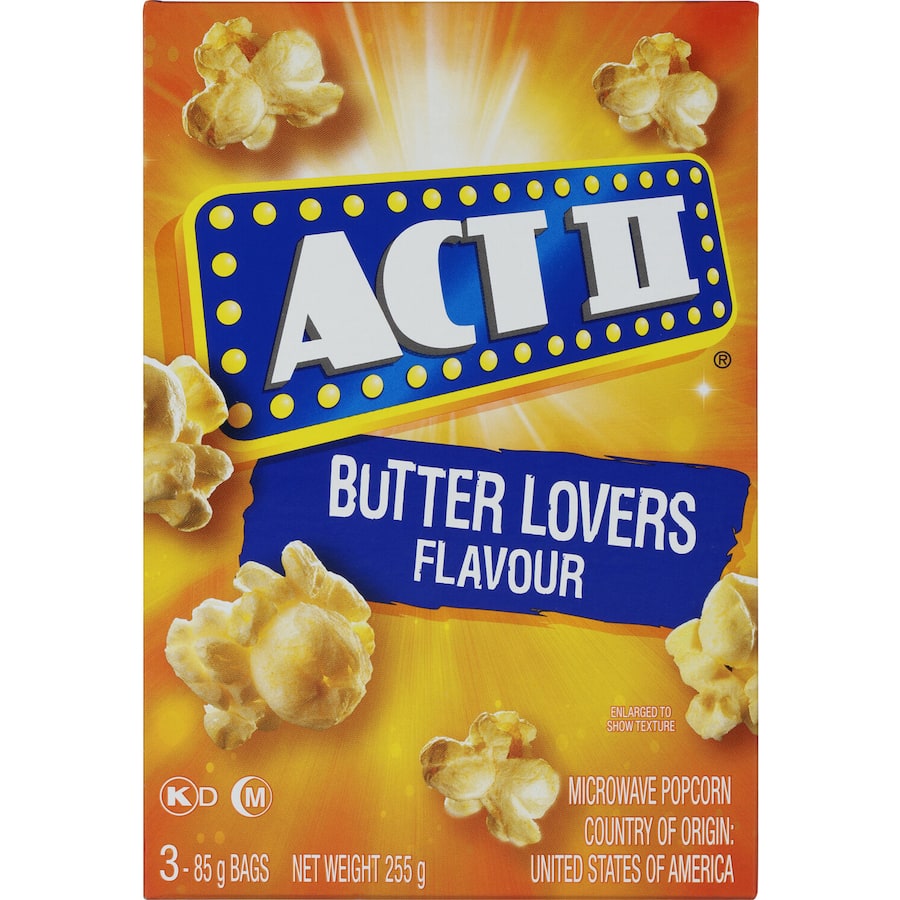 Act II Microwave Popcorn Butter Lovers 255g bag offers movie theater butter flavor for a delicious and convenient snack.