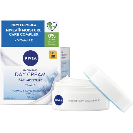 Nivea Hydrating Day Cream SPF 30, a lightweight moisturizer with Vitamin E and Waterlily, offers intense hydration and sun protection.