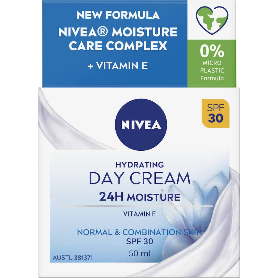 Nivea Hydrating Day Cream SPF 30: Lightweight moisturizer with Vitamin E, Waterlily Extract for all-day hydration and sun protection.