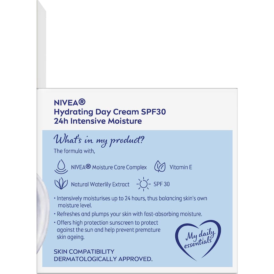 Nivea Hydrating Day Cream with SPF 30, infused with Vitamin E, provides 24-hour moisture and sun protection for all skin types.