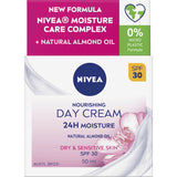 Nivea Nourishing Day Cream Moisturiser SPF 30 hydrates skin with almond oil and protects against UV rays for radiant, healthy skin.