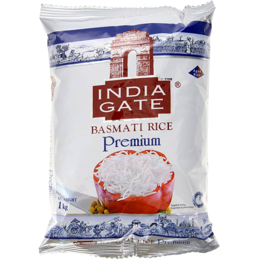 India Gate Basmati Rice Premium: Long, fluffy grains delivering exquisite aroma and taste for biryani, pulao, and more.