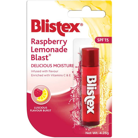 Blistex Lip Balm Raspberry Lemonade Blast in tube, offers hydration, SPF 15 protection, and fruity raspberry lemonade flavor.