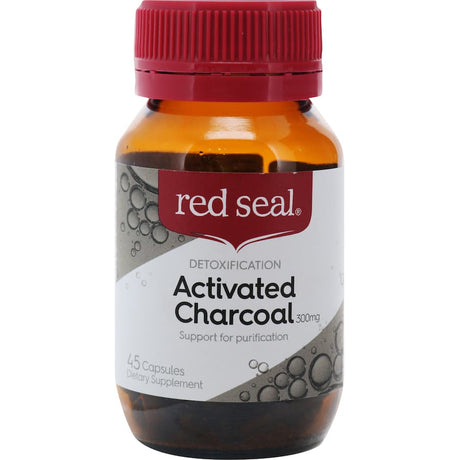 Red Seal Charcoal Activated 300mg capsules, a natural detoxifier for digestive health, reducing bloating and discomfort.