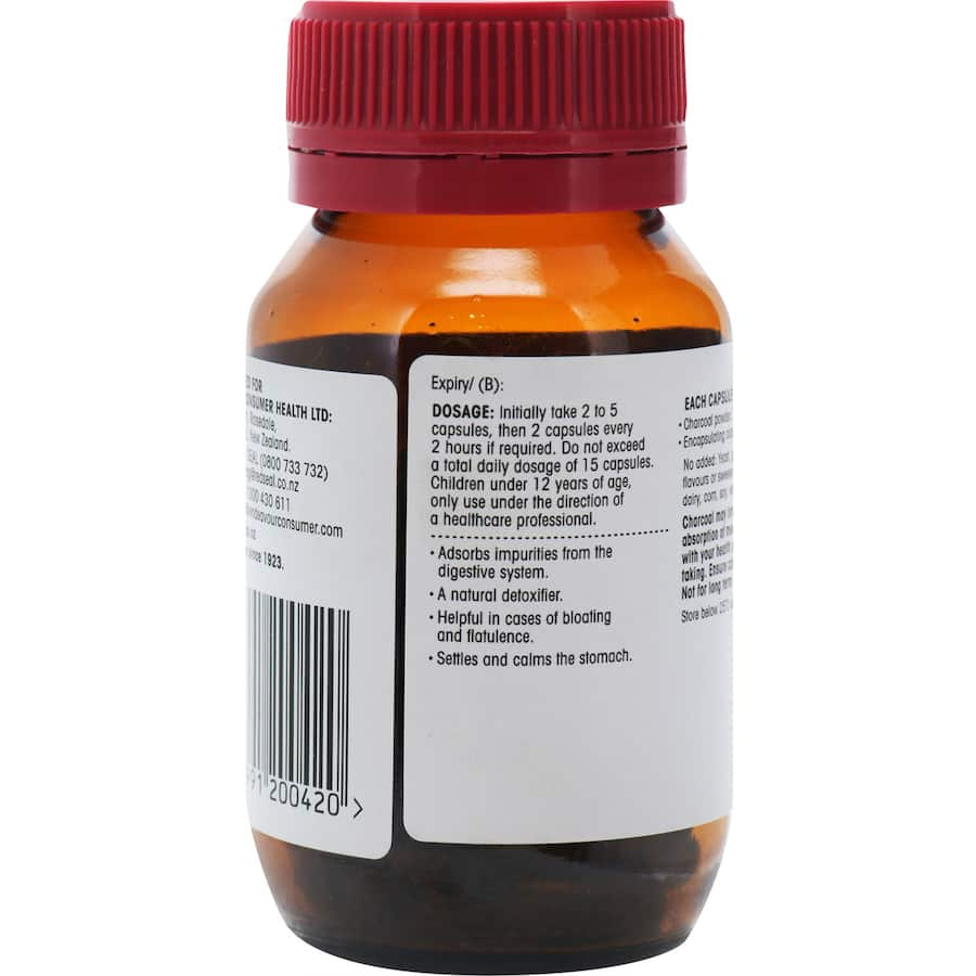 Red Seal Charcoal Activated 300mg capsules, a natural detoxifier for digestive health, ideal for bloating and discomfort relief.