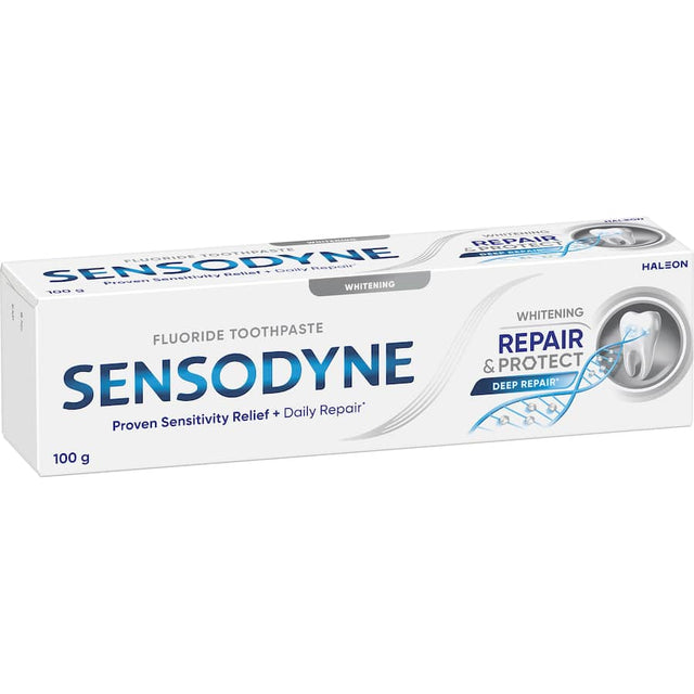 Sensodyne Repair and Protect Whitening toothpaste for sensitive teeth, offering relief and restoring natural whiteness.