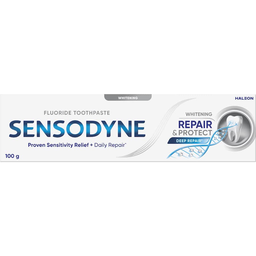 Sensodyne Sensitive Teeth Toothpaste for repairing sensitivity and whitening, featuring NovaMin for tooth protection.