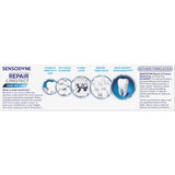 Sensodyne Sensitive Teeth Toothpaste for repairing sensitivity and whitening, featuring NovaMin for lasting dental care.