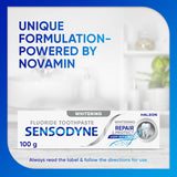 Sensodyne Sensitive Teeth Toothpaste for repairing sensitivity and whitening teeth, featuring NovaMin for comprehensive dental care.