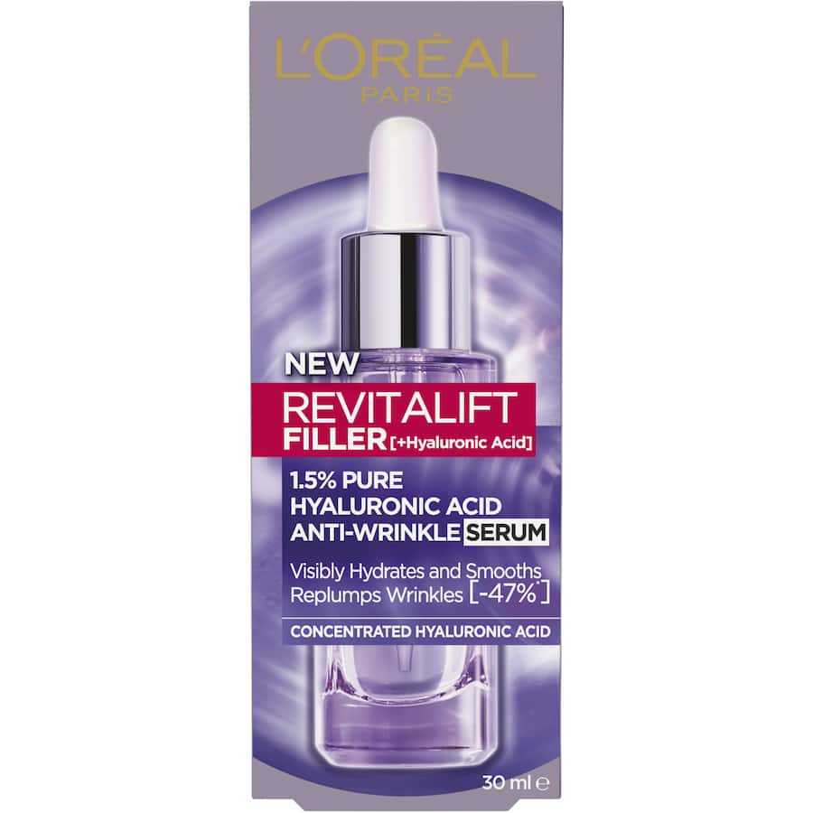 L'Oréal Revitalift Facial Serum Filler with 1.5% hyaluronic acid for intense hydration and anti-aging benefits.