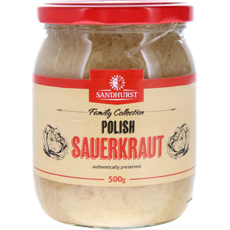 Tangy Sandhurst Sauerkraut, made with traditional Polish recipe, ideal for enhancing dishes and promoting gut health.