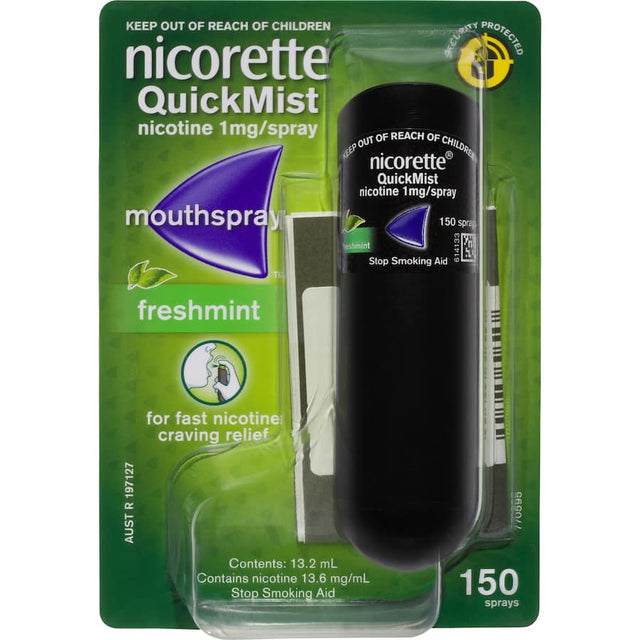 Nicorette Smoking Remedy Quick Mist Spray 150, a portable nicotine spray for fast craving relief—ideal for smoke-free journeys.