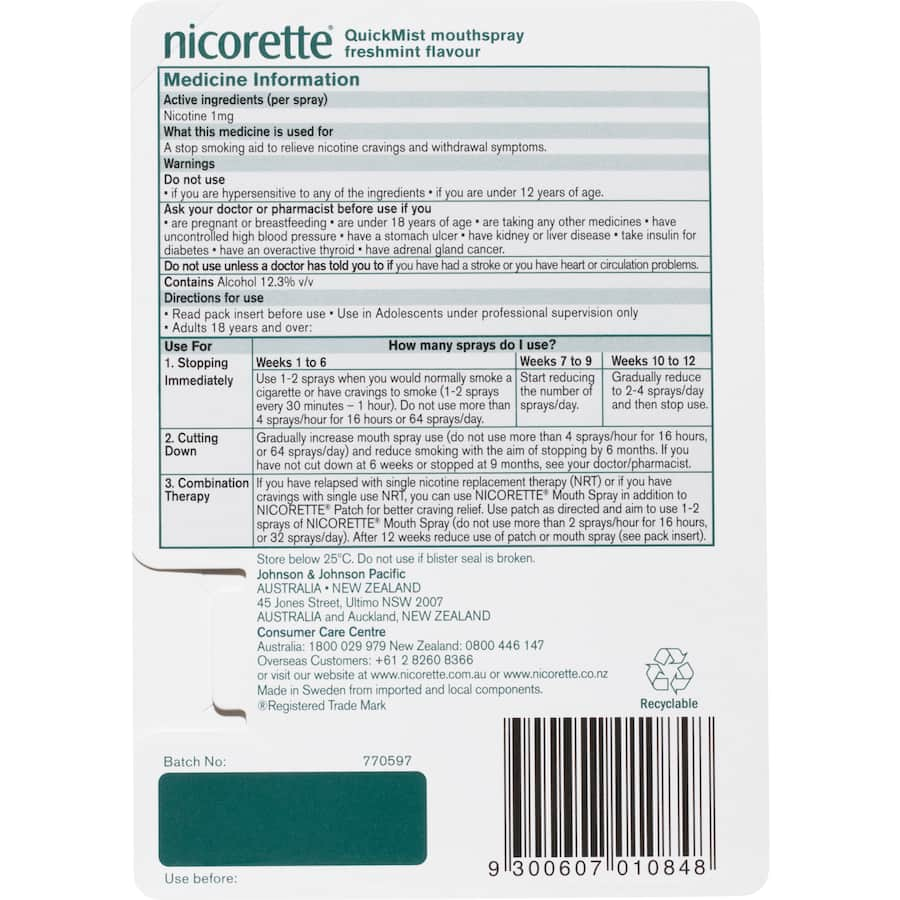 Nicorette Quick Mist Spray 150 delivers 1mg nicotine for fast craving relief, aiding your journey to quit smoking effectively.