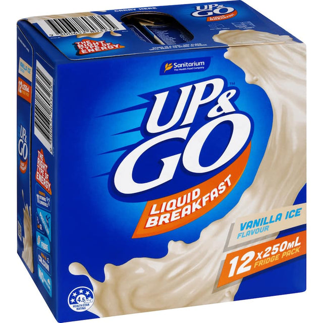 Sanitarium Up & Go Liquid Breakfast Vanilla Ice Pack, a nutritious, convenient breakfast with vitamins and low GI for busy mornings.