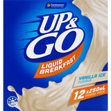 Sanitarium Up & Go Vanilla Liquid Breakfast pack, offering nutrition and energy with 10 vitamins, low GI, and high calcium.