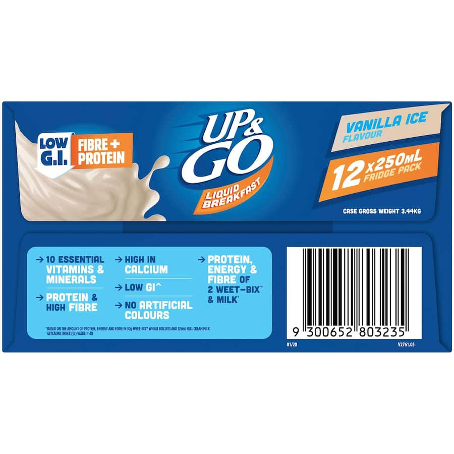 Sanitarium Up & Go Vanilla Ice Liquid Breakfast, nutrient-rich fridge pack, 10 vitamins, low GI, high calcium, no artificial colors.