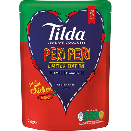 Tilda Steamed Rice Peri Peri Basmati: spicy basmati rice with chili, peppers, and garlic in a convenient microwavable pouch.