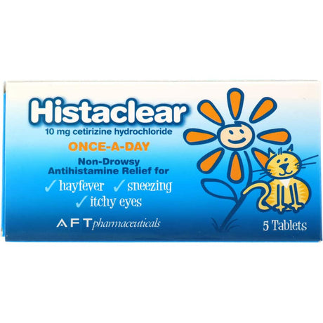 Histaclear Allergy Relief packs fast-acting 10mg cetirizine for 24-hour relief from hayfever, sneezing, and itchy eyes.