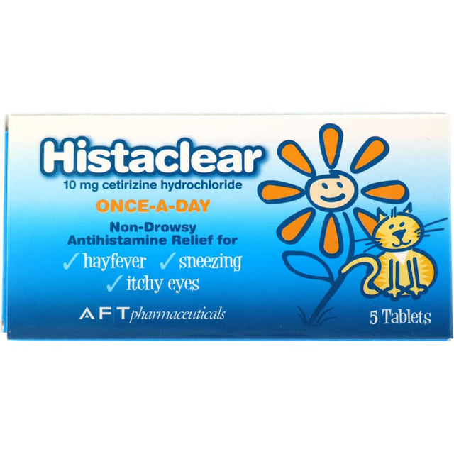 Histaclear Allergy Relief packs fast-acting 10mg cetirizine for 24-hour relief from hayfever, sneezing, and itchy eyes.