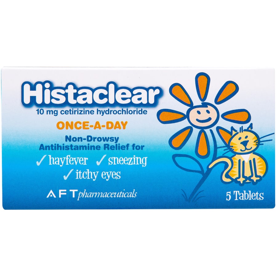 Histaclear Allergy Relief packaging showcasing 10mg cetirizine, designed for fast relief from hayfever and itchy eyes.