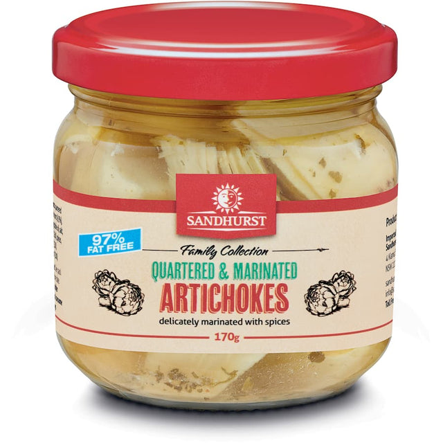 Quartered Sandhurst Artichokes Marinated Hearts in spices, perfect for pizza, pasta, salads, or straight from the jar.