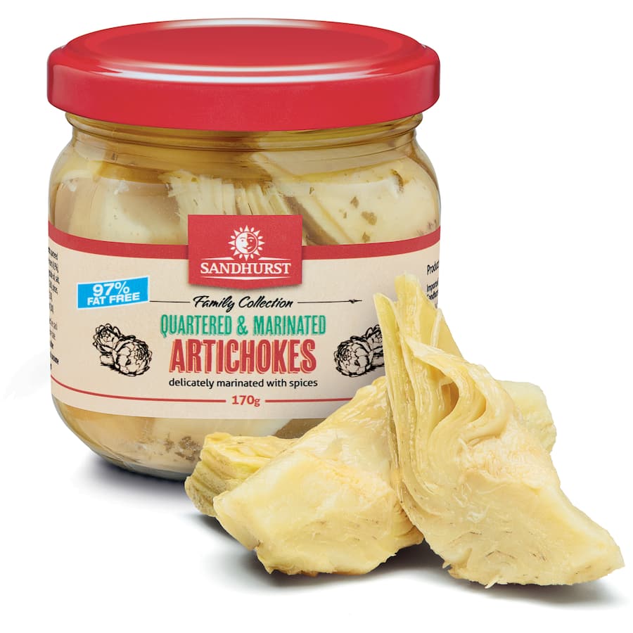 Quartered marinated artichokes in spices, perfect for salads, pasta, or as a gourmet snack straight from the jar.