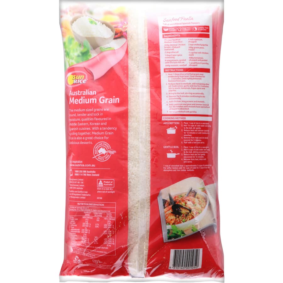 Alt text: "Sun Rice Medium Grain White Rice, perfect for delicious meals with its exquisite taste and texture."