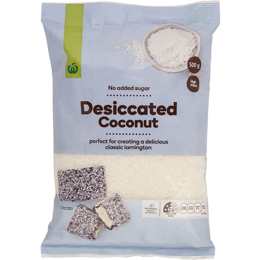 Woolworths Coconut Fine Desiccated is finely shredded coconut, ideal for baking, desserts, and adding tropical flavor to dishes.