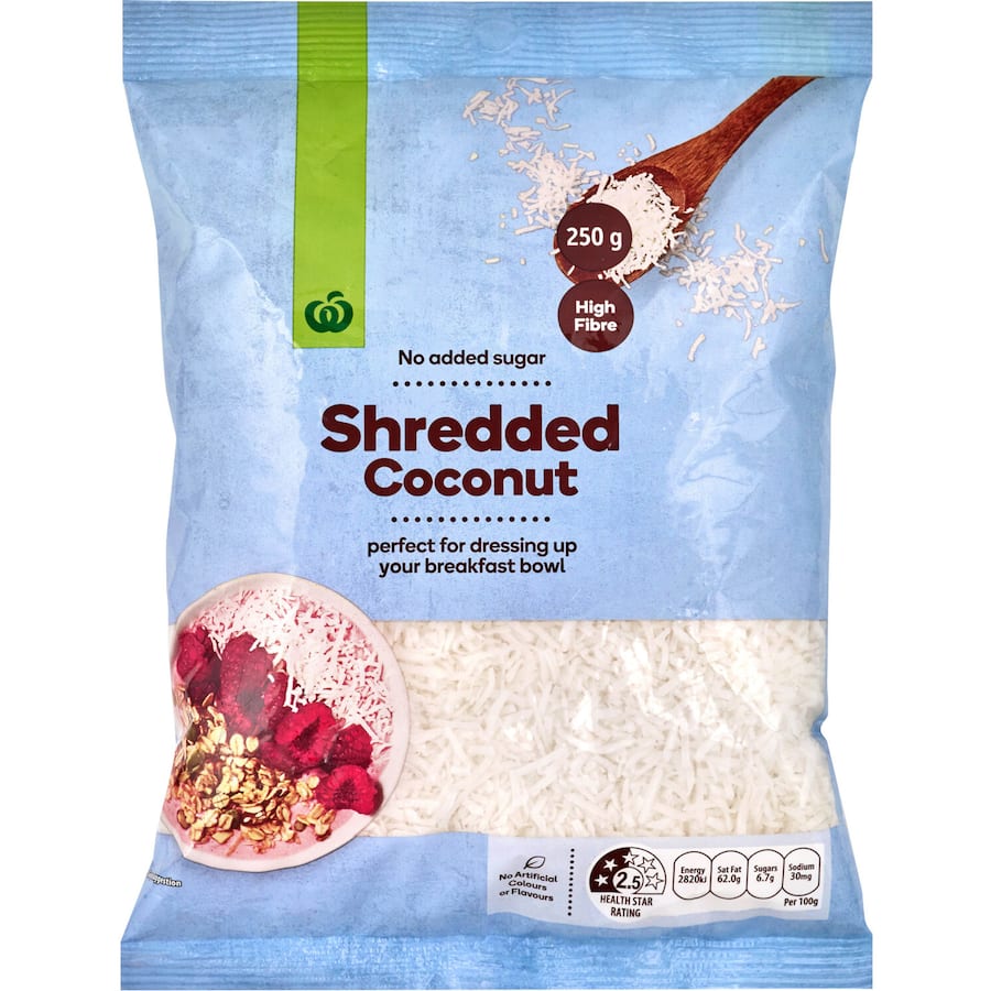 Woolworths Coconut Shredded adds tropical flavor to dishes, perfect for baking, smoothies, and healthy snacks.