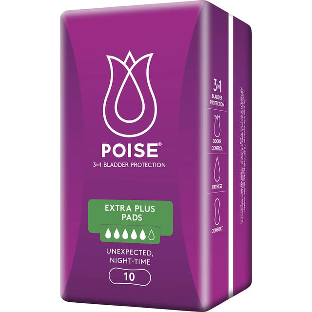 Poise Women's Continence Pads Extra Plus: absorbent, discreet pads with breathable cover, designed for light bladder leakage management.