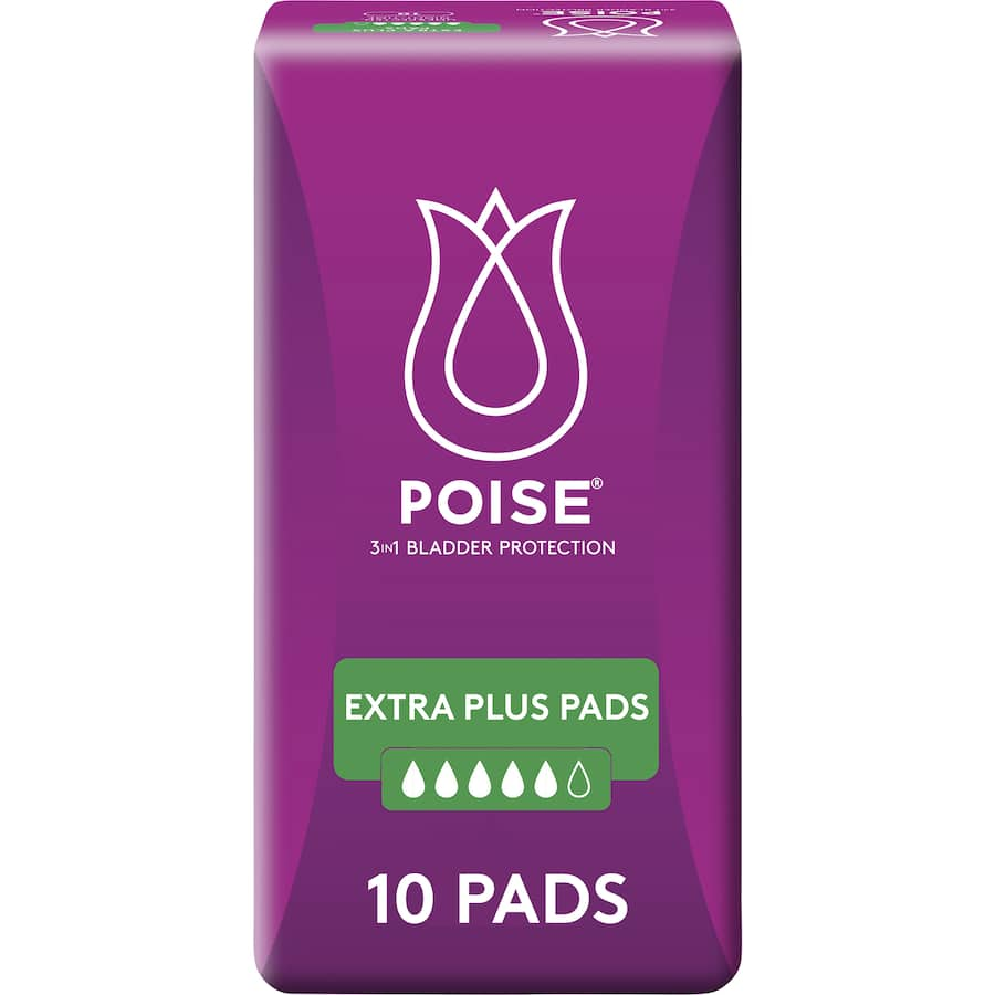 Poise Women's Continence Pads Extra Plus: ultra-absorbent pads for light bladder leakage, featuring a soft, breathable cover and discreet shape.