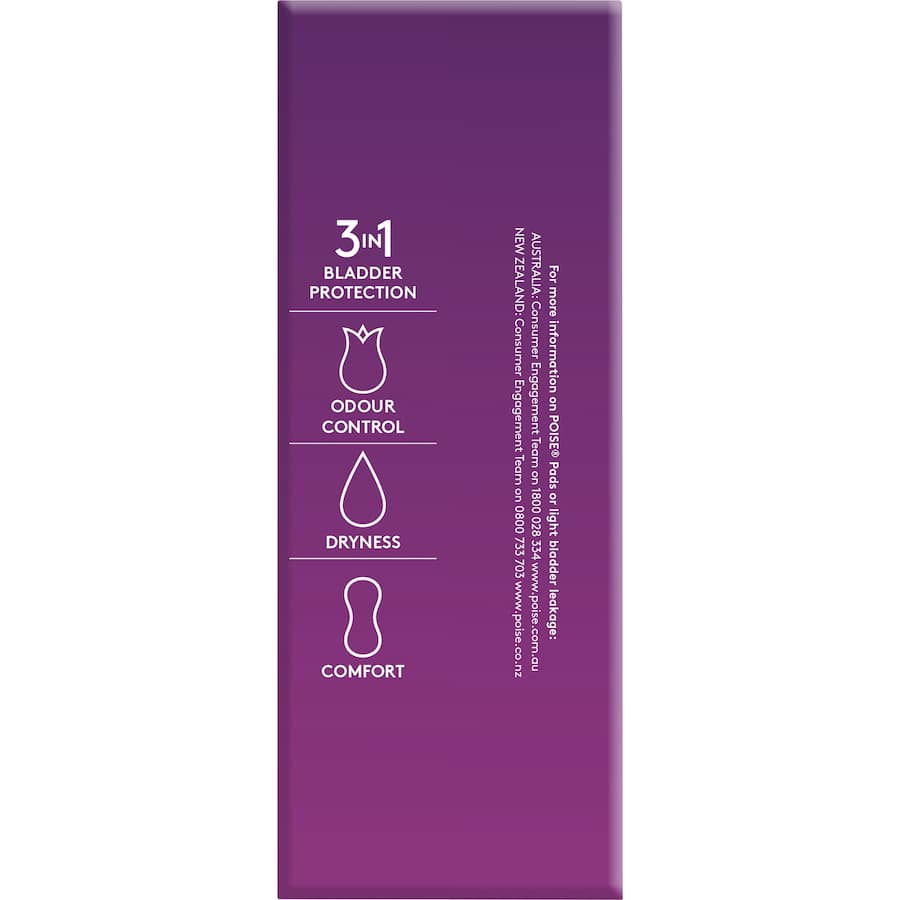 Poise Women's Continence Pads Extra Plus featuring soft, breathable cover and hourglass shape for discreet, reliable LBL protection.