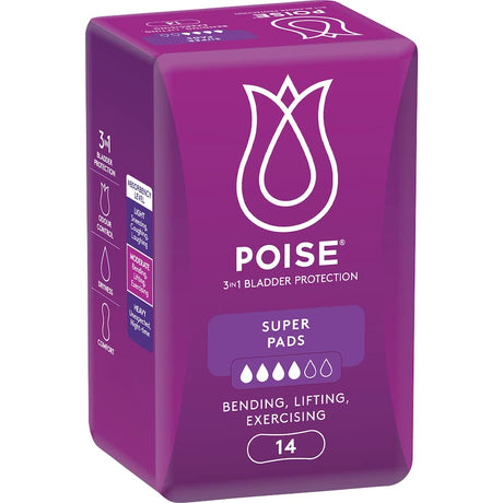 Poise Women's Continence Pads Super provide discreet, absorbent protection for light bladder leakage with a comfortable hourglass shape.