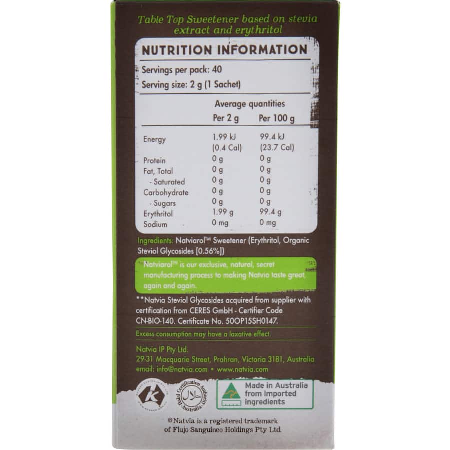 Natvia Sugar Substitute Stevia White Sweetener Sachets 40 x 2g