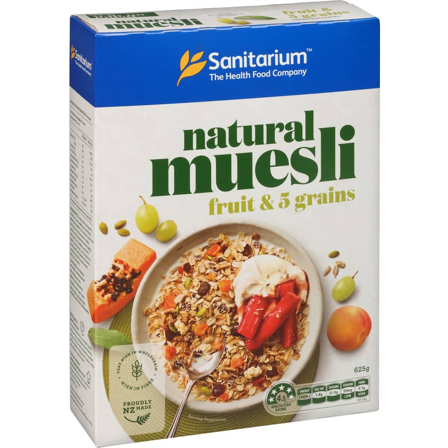 Nutritious Sanitarium Muesli with fruit, five wholegrains, and yogurt-coated raisins for a delicious breakfast option.