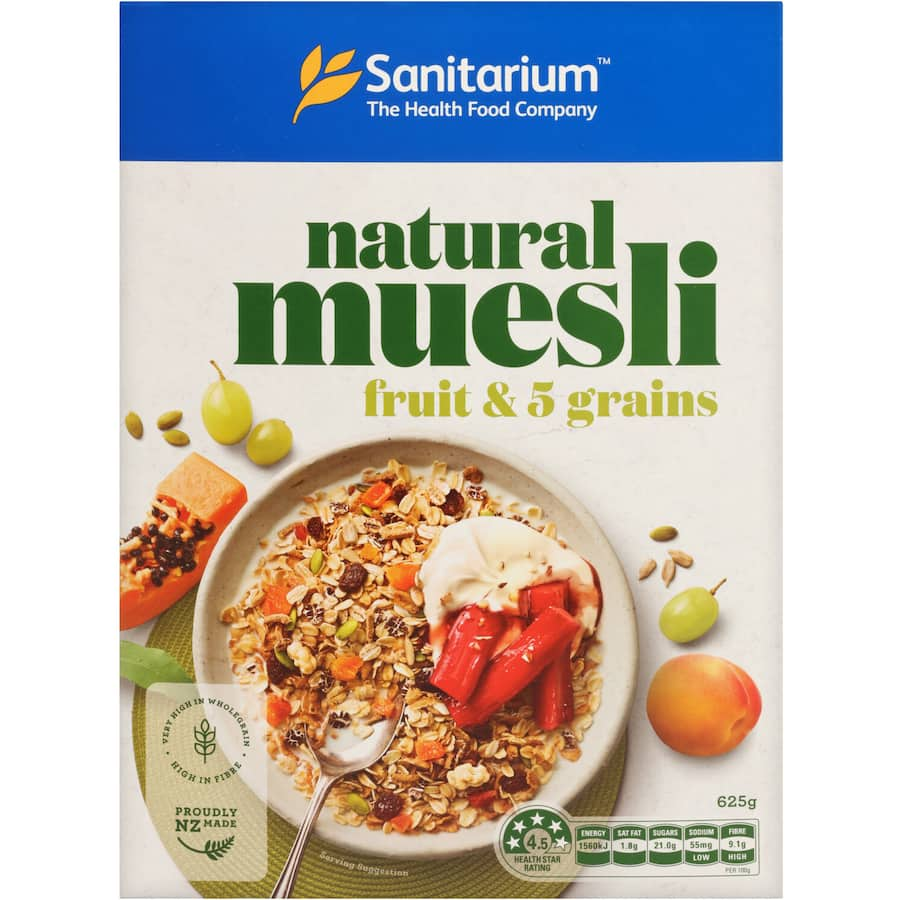 A nutritious muesli blend featuring five wholegrains, dried fruits, and yogurt-coated raisins for a delightful breakfast.