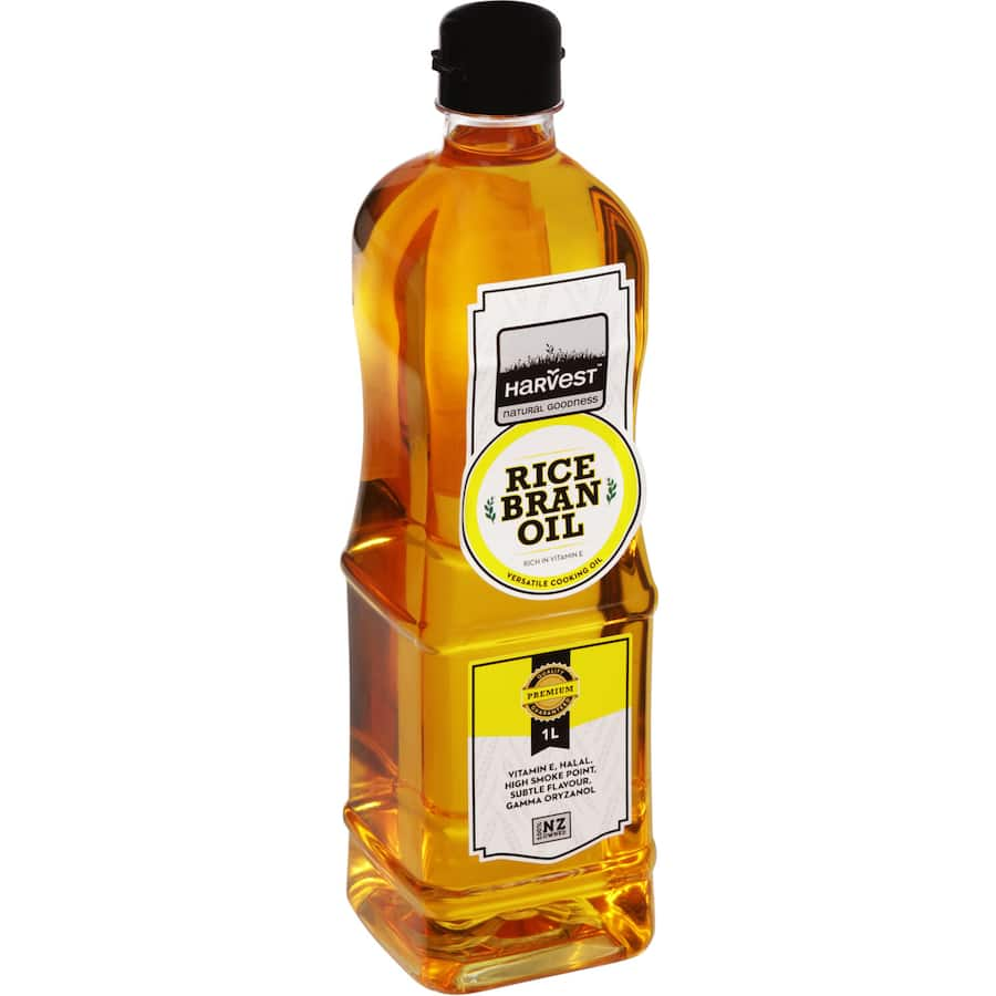 Harvest Rice Bran Oil bottle highlighting its health benefits, high smoke point, and versatility for cooking and frying.