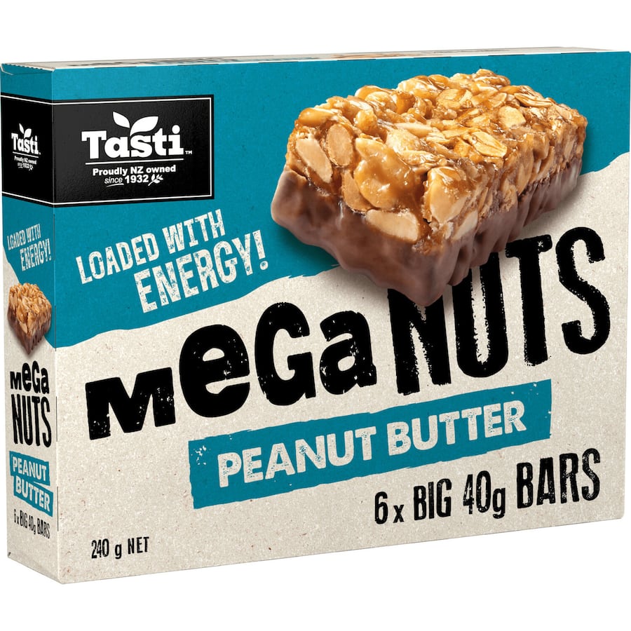 Tasti Mega Nuts Nut Bars with Peanut Butter, energy-packed, protein-rich, crunchy nuts, and creamy peanut butter, ideal snack.